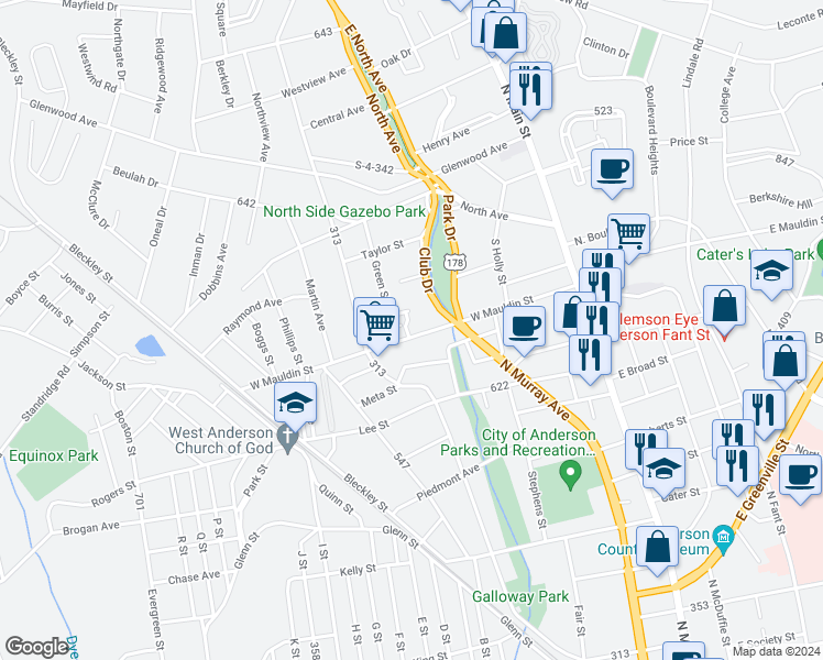 map of restaurants, bars, coffee shops, grocery stores, and more near 403 An-10-1401 in Anderson