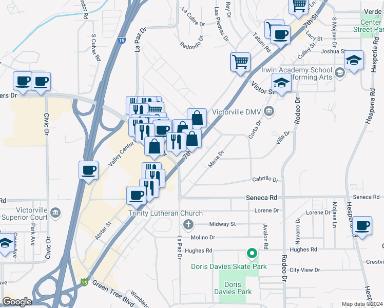 map of restaurants, bars, coffee shops, grocery stores, and more near in Victorville
