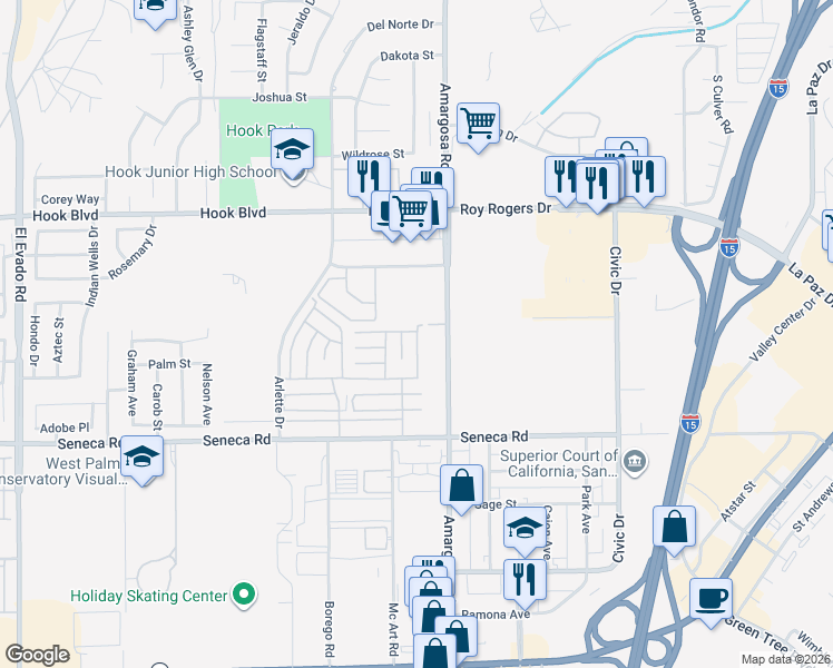 map of restaurants, bars, coffee shops, grocery stores, and more near 15224 Bonanza Road in Victorville
