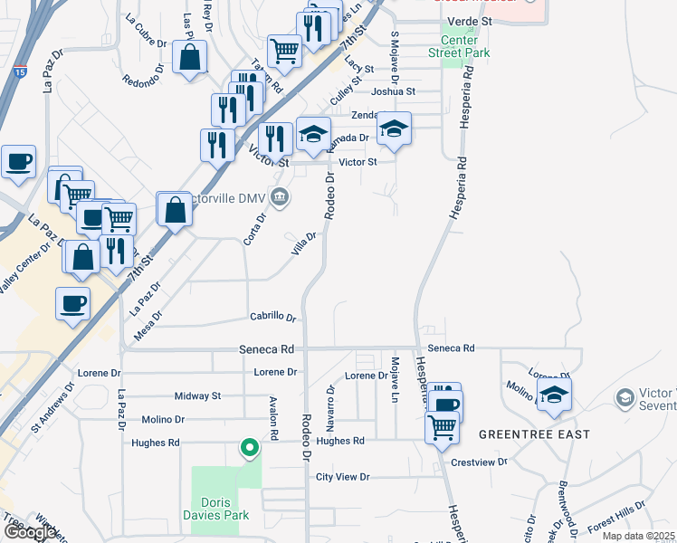 map of restaurants, bars, coffee shops, grocery stores, and more near 14688 Rodeo Drive in Victorville