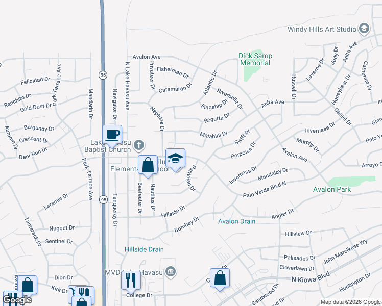 map of restaurants, bars, coffee shops, grocery stores, and more near 2250 Interlake Drive in Lake Havasu City