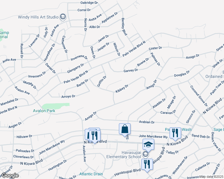 map of restaurants, bars, coffee shops, grocery stores, and more near 1284 Kibbey Drive in Lake Havasu City