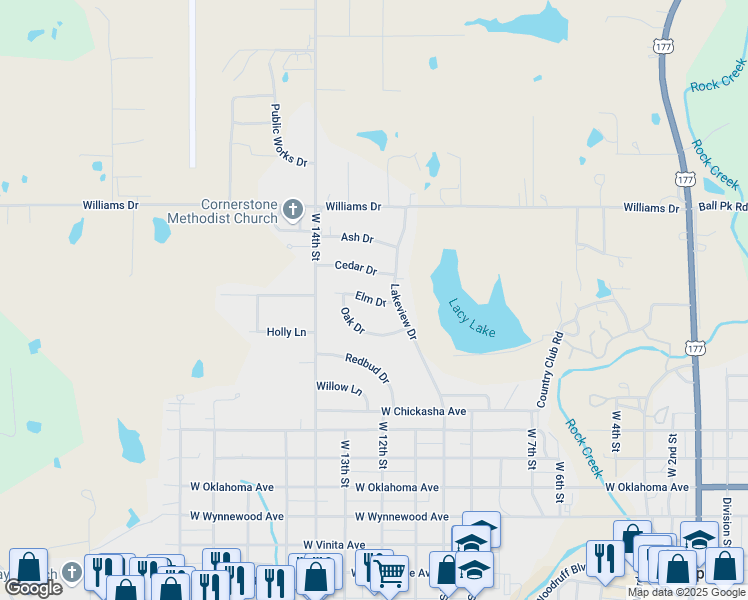 map of restaurants, bars, coffee shops, grocery stores, and more near 1010 Elm Drive in Sulphur