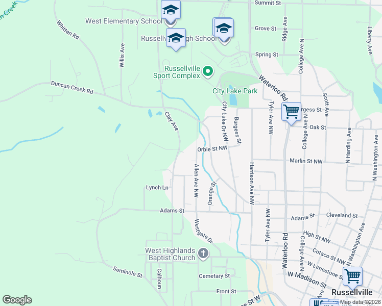 map of restaurants, bars, coffee shops, grocery stores, and more near 829 Allen Avenue Northwest in Russellville