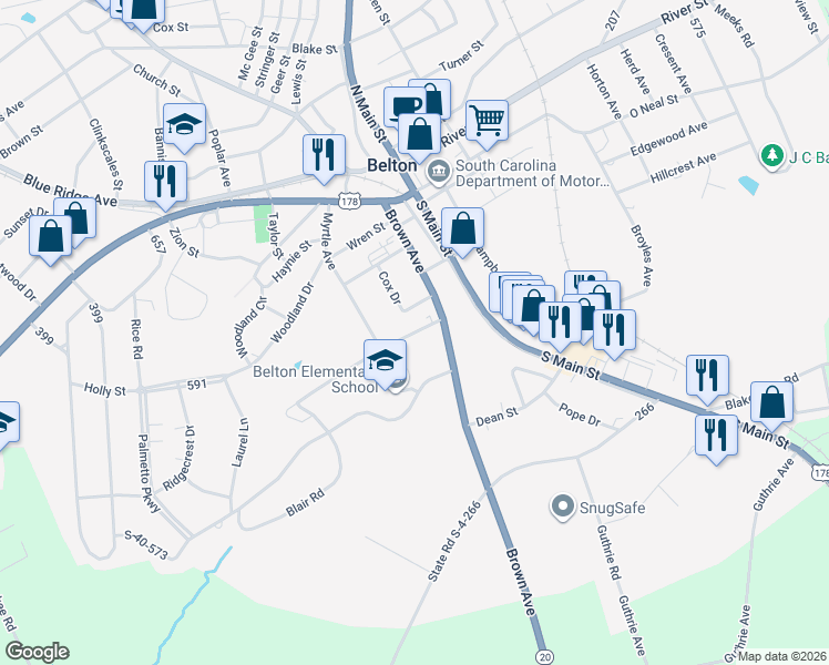 map of restaurants, bars, coffee shops, grocery stores, and more near Woodrow Street in Belton