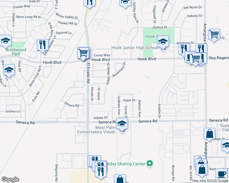 map of restaurants, bars, coffee shops, grocery stores, and more near 14731 Indian Wells Drive in Victorville