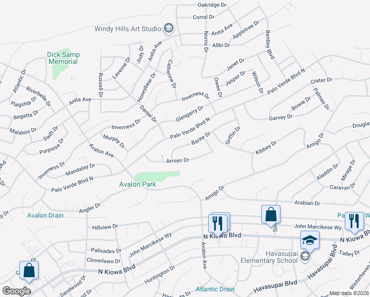 map of restaurants, bars, coffee shops, grocery stores, and more near 2731 Barite Drive in Lake Havasu City
