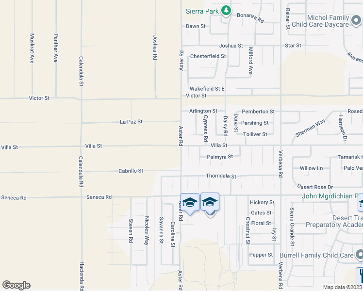 map of restaurants, bars, coffee shops, grocery stores, and more near Aster Road & Villa Street in Adelanto