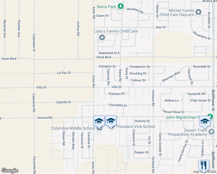 map of restaurants, bars, coffee shops, grocery stores, and more near Villa Street in Adelanto