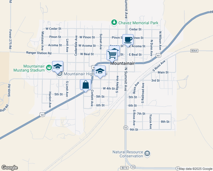 map of restaurants, bars, coffee shops, grocery stores, and more near 304 South Roosevelt Avenue in Mountainair