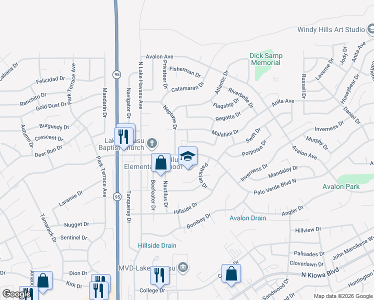map of restaurants, bars, coffee shops, grocery stores, and more near 2175 North Palo Verde Boulevard in Lake Havasu City