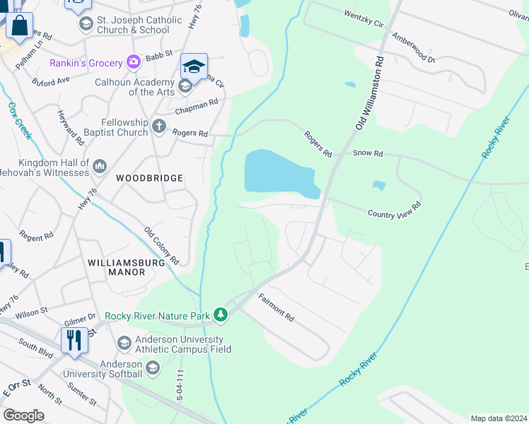 map of restaurants, bars, coffee shops, grocery stores, and more near 140 Woodland Drive in Anderson