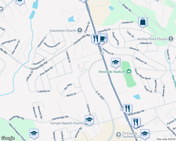 map of restaurants, bars, coffee shops, grocery stores, and more near 150 Continental Street in Anderson
