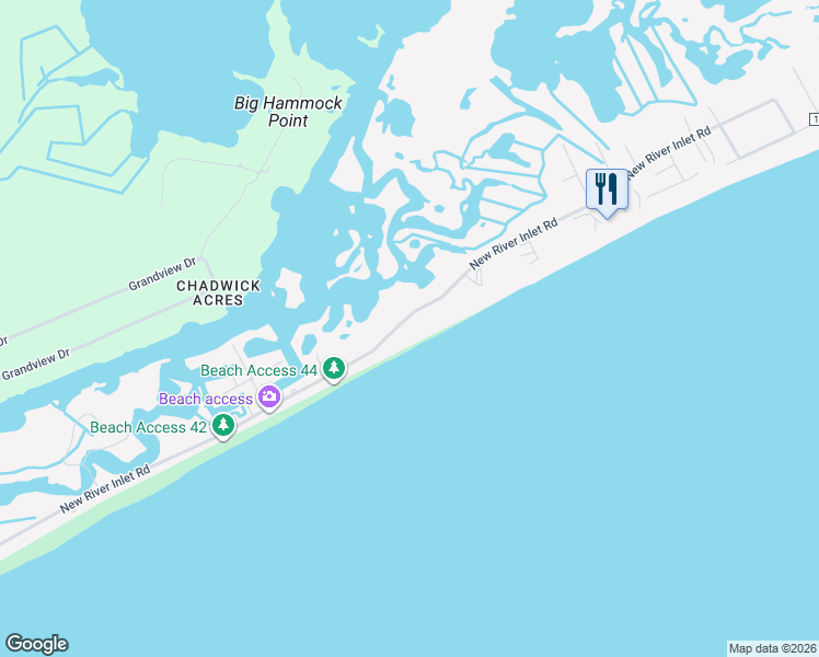 map of restaurants, bars, coffee shops, grocery stores, and more near 1785 New River Inlet Road in North Topsail Beach