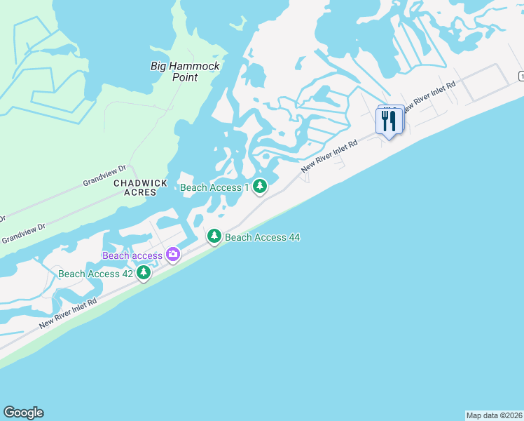 map of restaurants, bars, coffee shops, grocery stores, and more near 1785 New River Inlet Road in North Topsail Beach