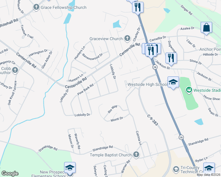 map of restaurants, bars, coffee shops, grocery stores, and more near 208 Loblolly Drive in Anderson