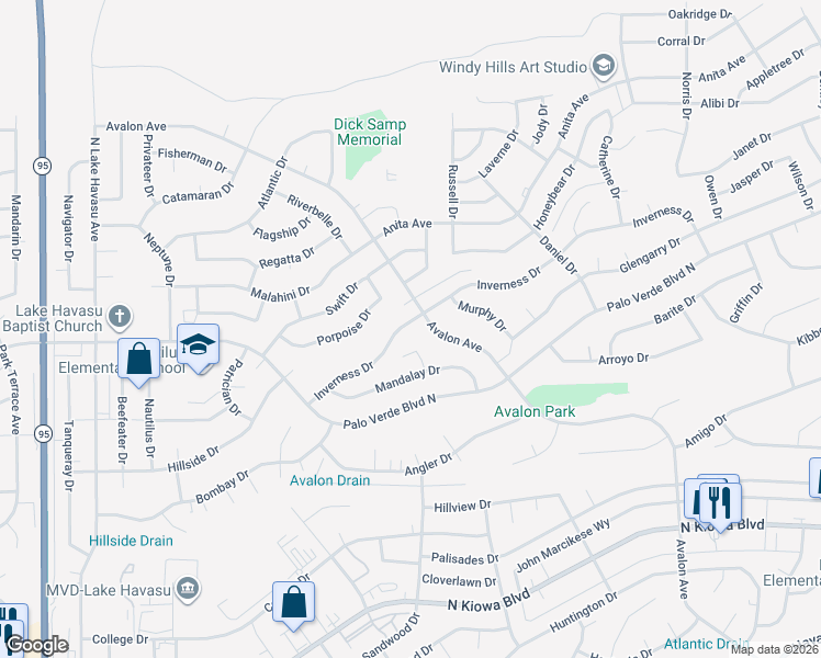 map of restaurants, bars, coffee shops, grocery stores, and more near 2444 Inverness Drive in Lake Havasu City