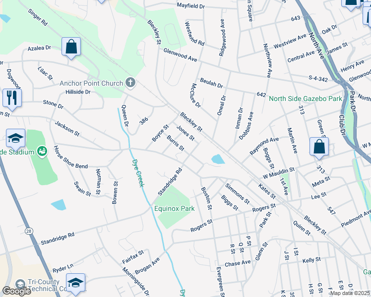 map of restaurants, bars, coffee shops, grocery stores, and more near 103 Jones Street in Anderson