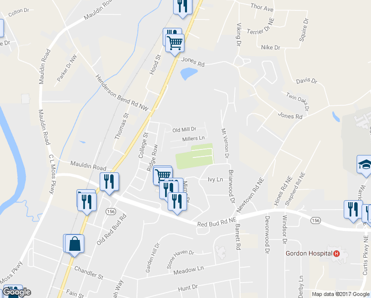 map of restaurants, bars, coffee shops, grocery stores, and more near 100 Mill Stone Drive in Calhoun