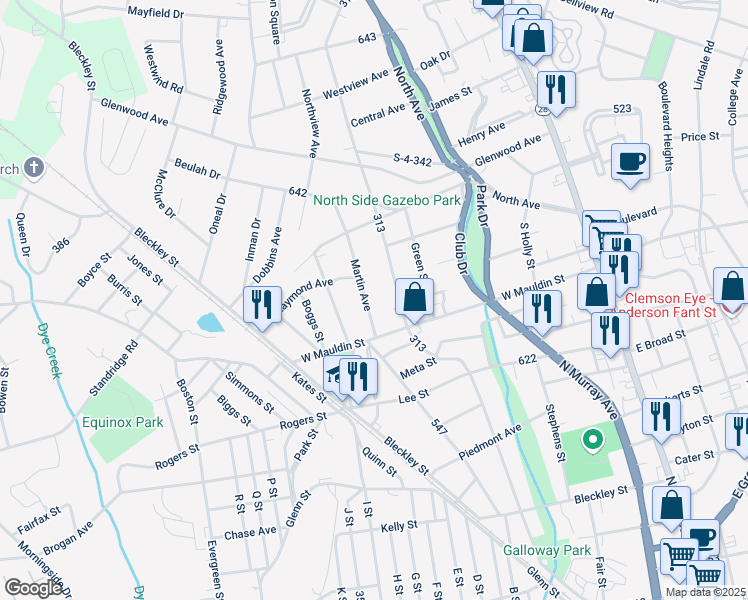 map of restaurants, bars, coffee shops, grocery stores, and more near 1720 Martin Avenue in Anderson