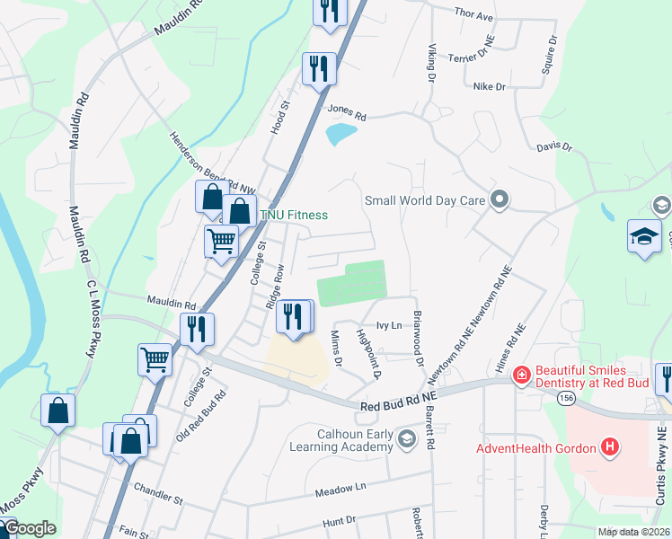 map of restaurants, bars, coffee shops, grocery stores, and more near 100 Mill Stone Drive in Calhoun