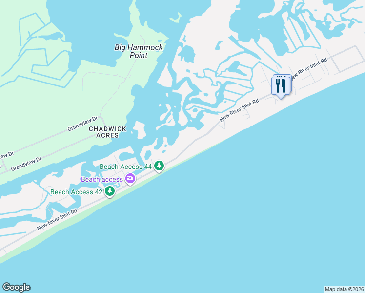 map of restaurants, bars, coffee shops, grocery stores, and more near 1785 New River Inlet Road in North Topsail Beach