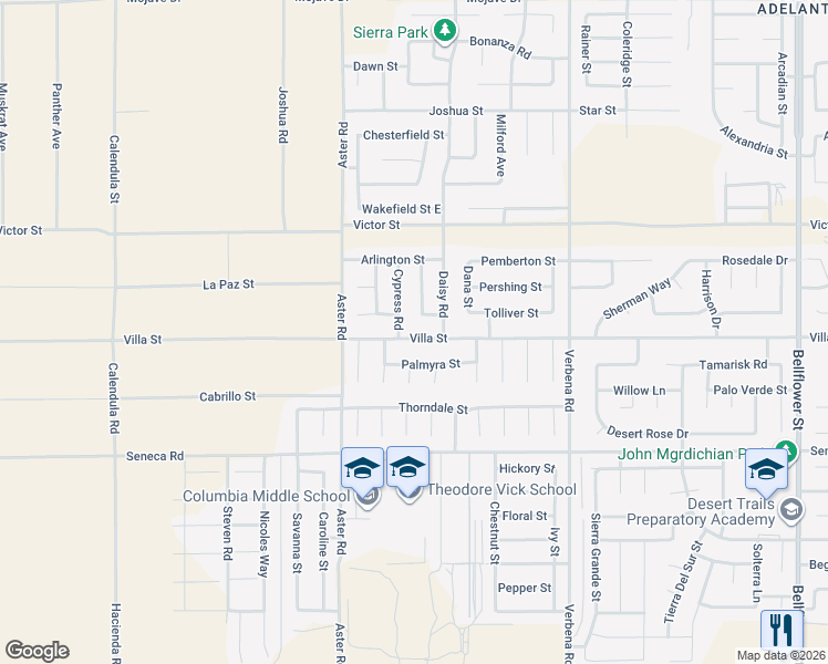 map of restaurants, bars, coffee shops, grocery stores, and more near 10626 Villa Street in Adelanto