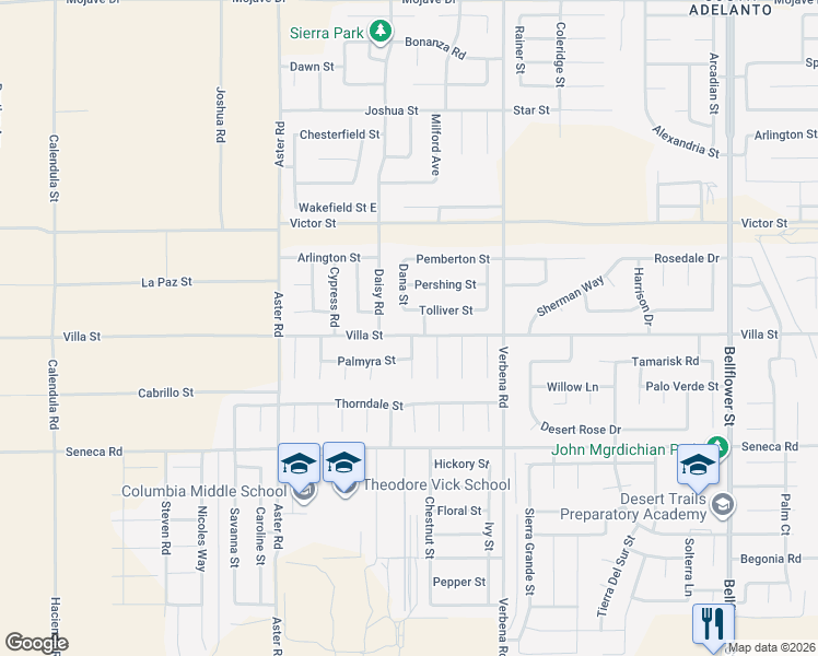 map of restaurants, bars, coffee shops, grocery stores, and more near 10730 Villa Street in Adelanto