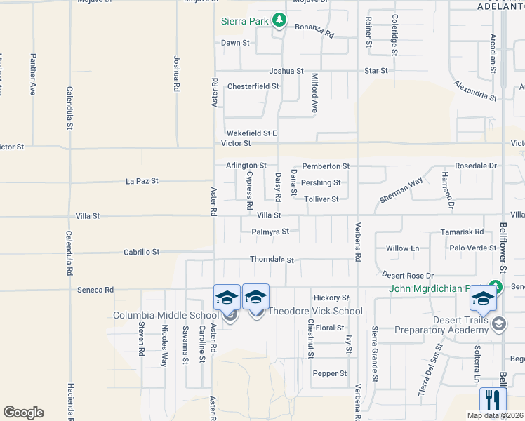 map of restaurants, bars, coffee shops, grocery stores, and more near 10626 Villa Street in Adelanto