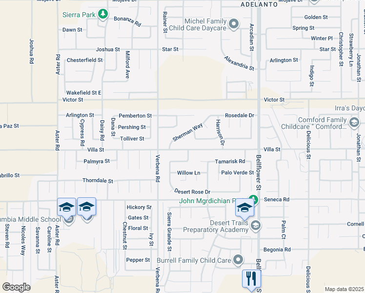 map of restaurants, bars, coffee shops, grocery stores, and more near 11048 Villa Street in Adelanto