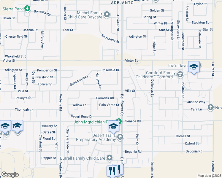 map of restaurants, bars, coffee shops, grocery stores, and more near 11226 Villa Street in Adelanto