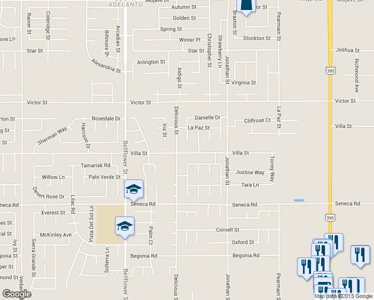 map of restaurants, bars, coffee shops, grocery stores, and more near 11542 Villa Street in Adelanto