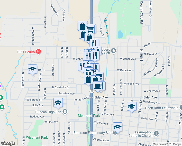 map of restaurants, bars, coffee shops, grocery stores, and more near 1223 U.S. 81 in Duncan