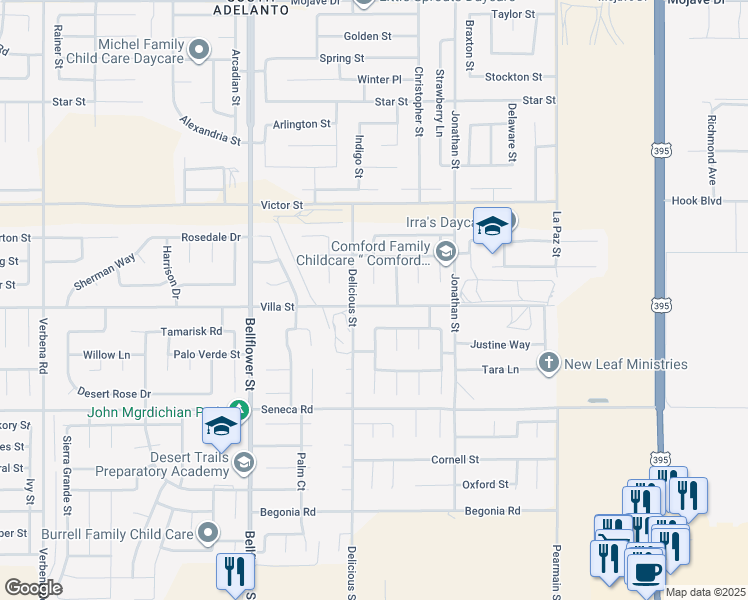 map of restaurants, bars, coffee shops, grocery stores, and more near 11542 Villa Street in Adelanto