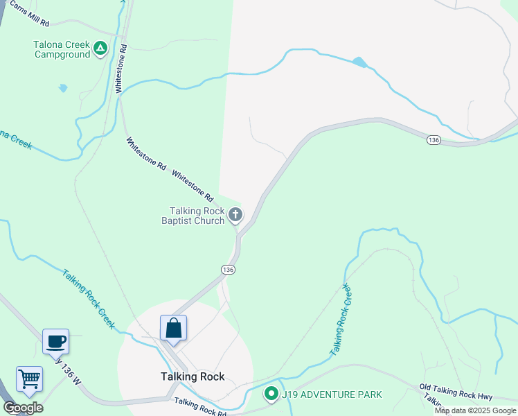 map of restaurants, bars, coffee shops, grocery stores, and more near Highway 136 West in Talking Rock