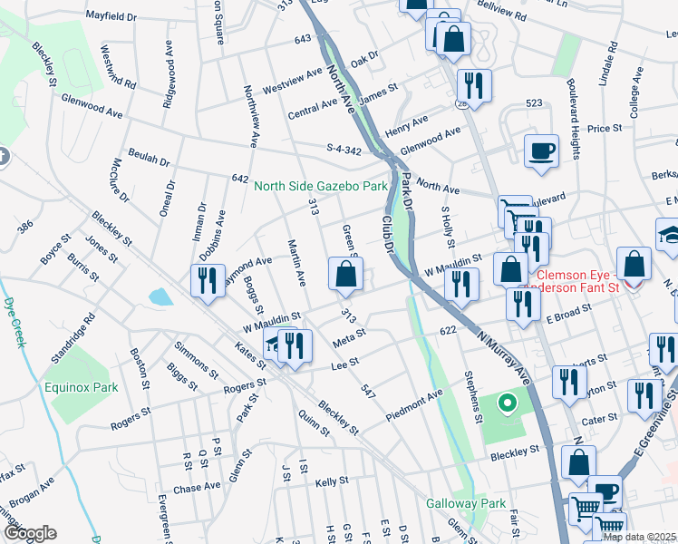 map of restaurants, bars, coffee shops, grocery stores, and more near 1710 Edgewood Avenue in Anderson