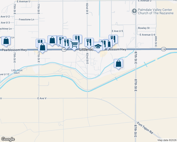 map of restaurants, bars, coffee shops, grocery stores, and more near 35022 82nd Street East in Littlerock