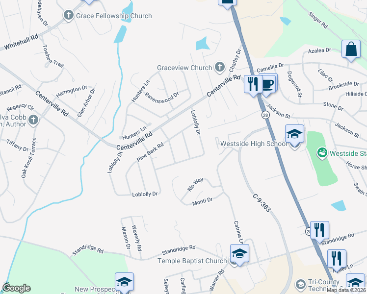 map of restaurants, bars, coffee shops, grocery stores, and more near 104 Pine Tree Lane in Anderson
