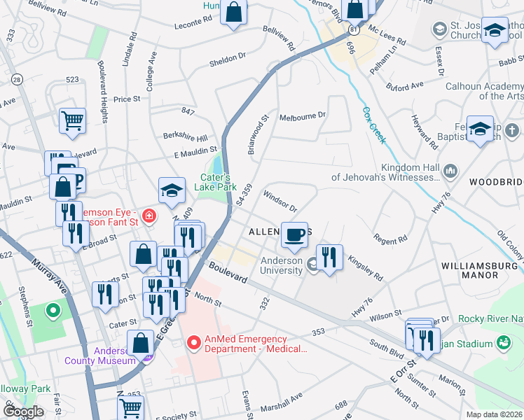 map of restaurants, bars, coffee shops, grocery stores, and more near 714 College Avenue in Anderson