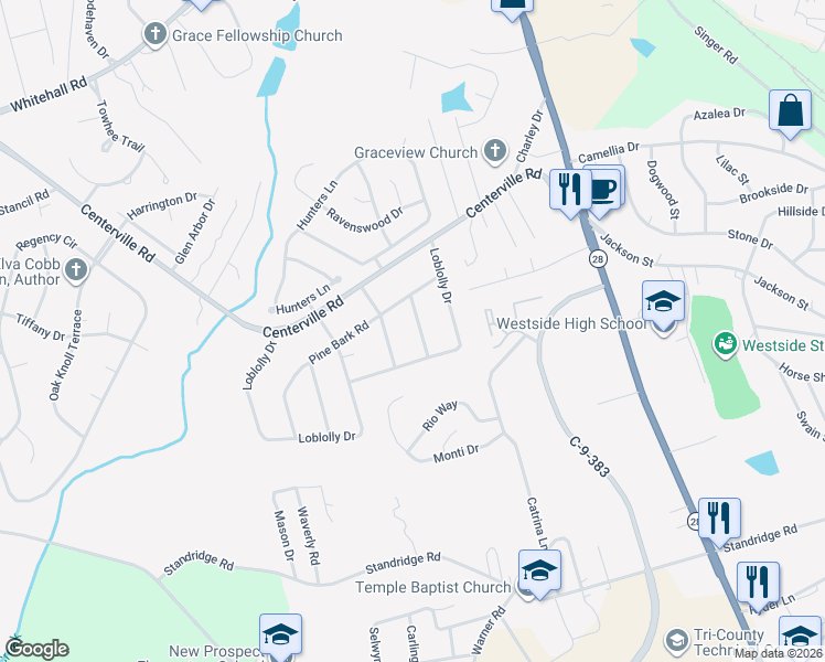 map of restaurants, bars, coffee shops, grocery stores, and more near 104 Pine Tree Lane in Anderson
