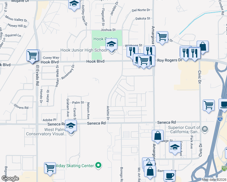 map of restaurants, bars, coffee shops, grocery stores, and more near 15252 Seneca Road in Victorville