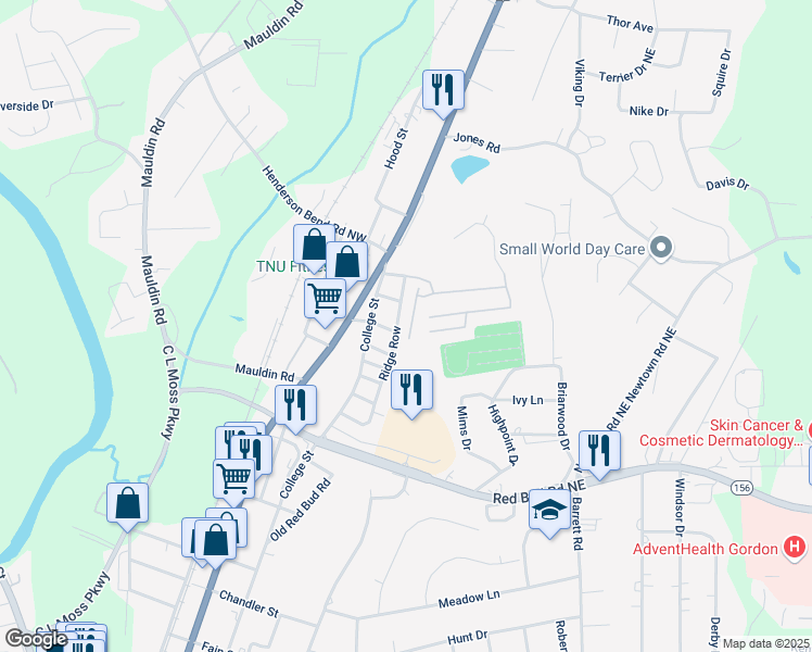 map of restaurants, bars, coffee shops, grocery stores, and more near 125 Mill Pond Lane in Calhoun