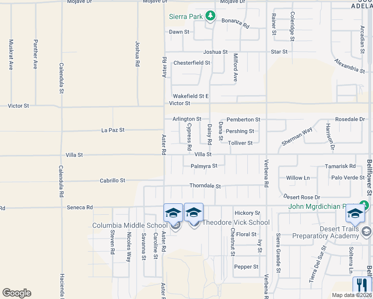 map of restaurants, bars, coffee shops, grocery stores, and more near 10553 Teakwood Way in Adelanto