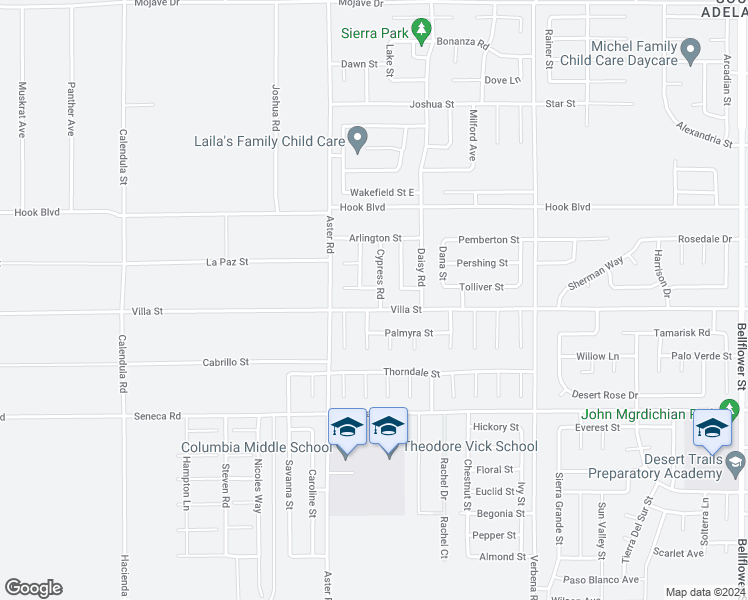 map of restaurants, bars, coffee shops, grocery stores, and more near 14724 Cypress Road in Adelanto