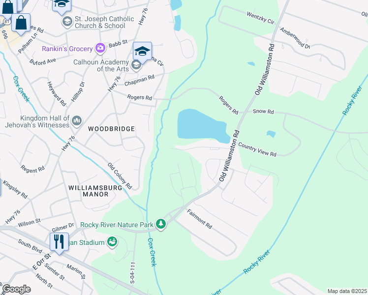 map of restaurants, bars, coffee shops, grocery stores, and more near 140 Woodland Drive in Anderson