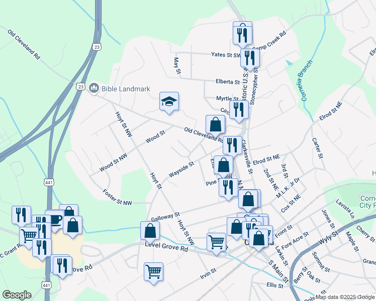 map of restaurants, bars, coffee shops, grocery stores, and more near 1934 Bea Loop Lane in Cornelia