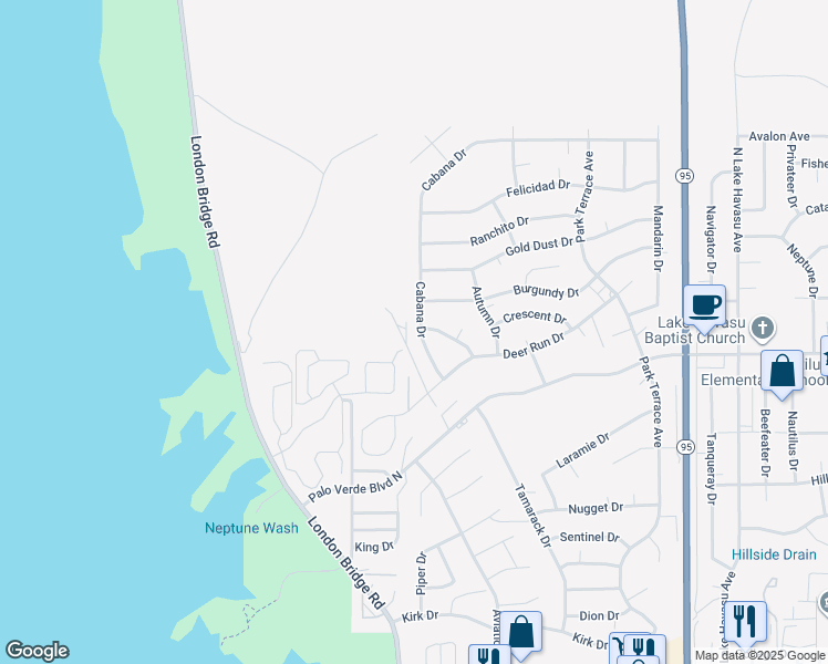 map of restaurants, bars, coffee shops, grocery stores, and more near 1621 Cabana Drive in Lake Havasu City