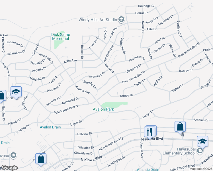 map of restaurants, bars, coffee shops, grocery stores, and more near 2600 Glengarry Drive in Lake Havasu City