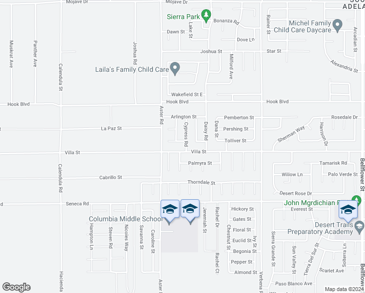 map of restaurants, bars, coffee shops, grocery stores, and more near 14724 Cypress Road in Adelanto