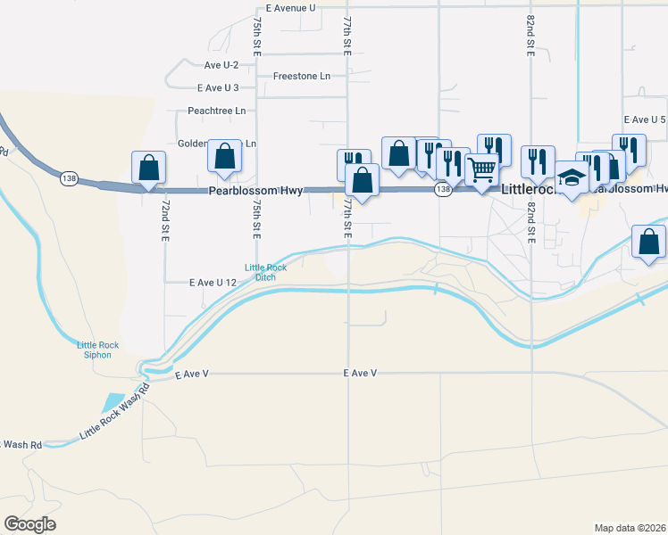 map of restaurants, bars, coffee shops, grocery stores, and more near 35005 77th Street East in Littlerock